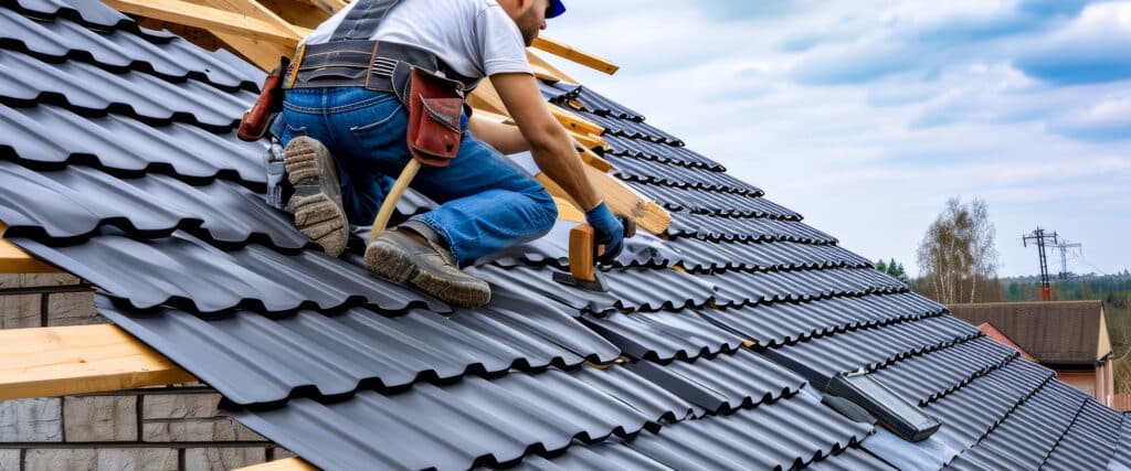 Couvreur professionnel posant des tuiles métalliques anthracite sur une charpente en bois. Chantier de construction de toiture avec ciel nuageux.