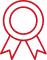 Contour rouge d'une médaille ou d'un insigne de récompense, composé d'un cercle avec deux rubans pendants symbolisant la qualité ou l'excellence.