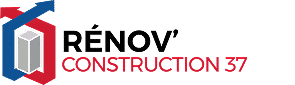 Logo Rénov Construction 37: hexagone rouge et bleu avec pilier gris, surmonté de "RÉNOV" gris et "CONSTRUCTION 37" rouge.