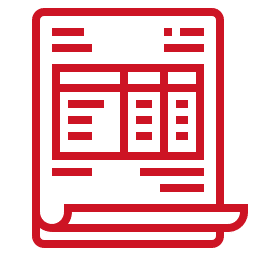 Icône de facture ou relevé de compte stylisé en lignes rouges sur fond noir, représentant un document financier avec des tableaux et du texte.