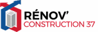 Logo Rénov' Construction 37. Bloc gris encadré de flèches rouges et bleues symbolisant la croissance et la rénovation de bâtiment.