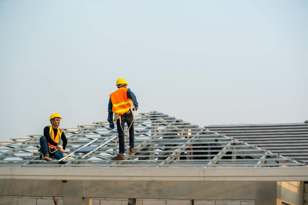 Roofer working on roof,Professional roofer are installing new ro