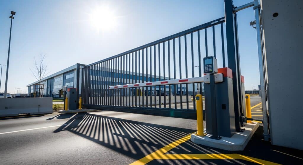 Sécurité Entrepôt : Portail Coulissant et Barrière d'Accès Portail coulissant industriel avec barrière levante et clavier d'accès devant un entrepôt logistique ensoleillé.
